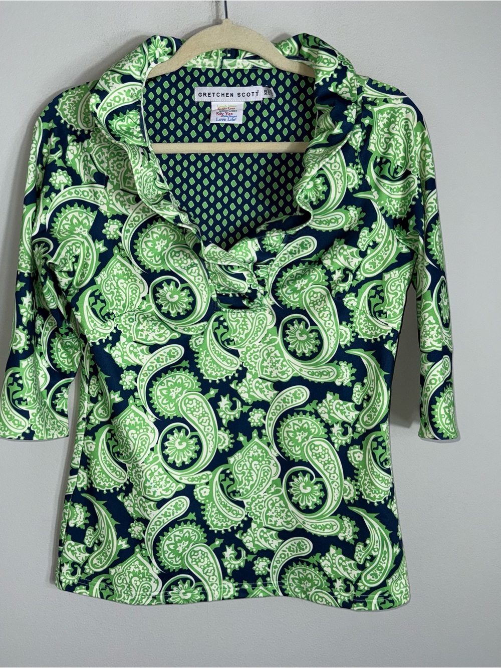 Gretchen Scott 3/4 Sleeve Ruffle Neck Top Blouse-Green Blue White-V Neck-XS